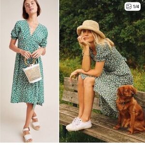 Faithfull The Brand Farah midi dress in a green ditsy floral print. Like new
